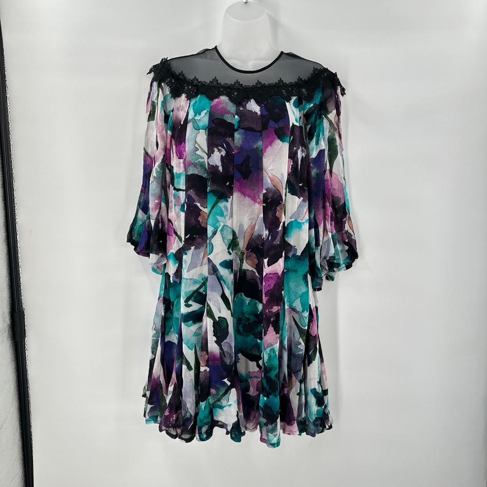 Anthropologie Mini Dress XS Sheer Lace Watercolor Chiffon Whimsigoth Floral *